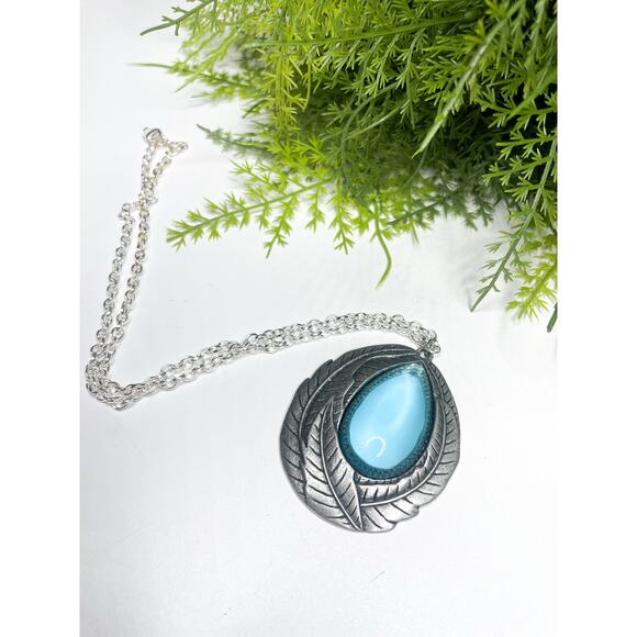 B1G2 FREE 🍁 Boho Feather Pendant Necklace with Turquoise Blue Stone Silver Chain - Picture 1 of 6